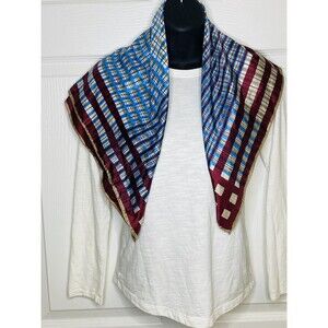 Vintage Glentex Nylon Scarf Plaid Stripe Blue Tan Burgundy